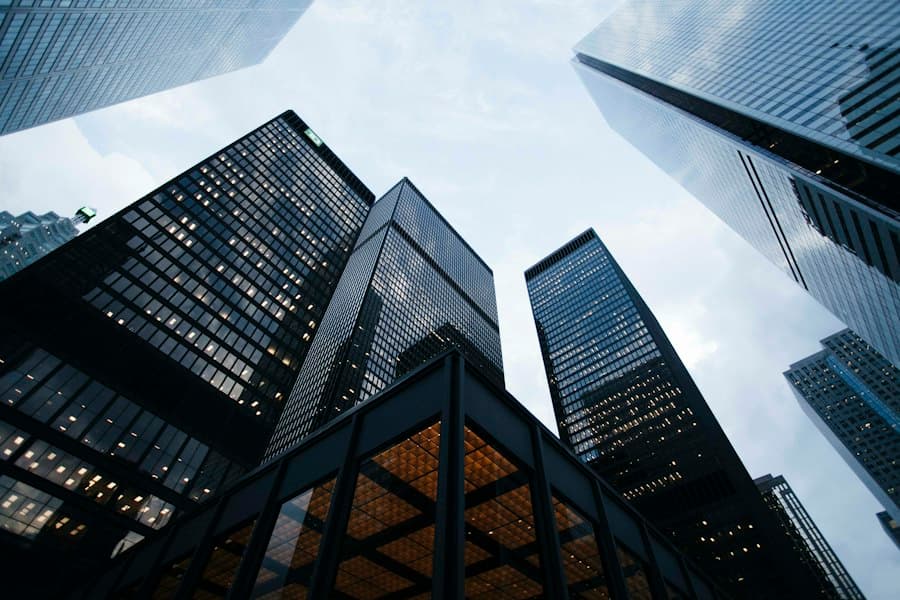 Tall office buildings seen from below